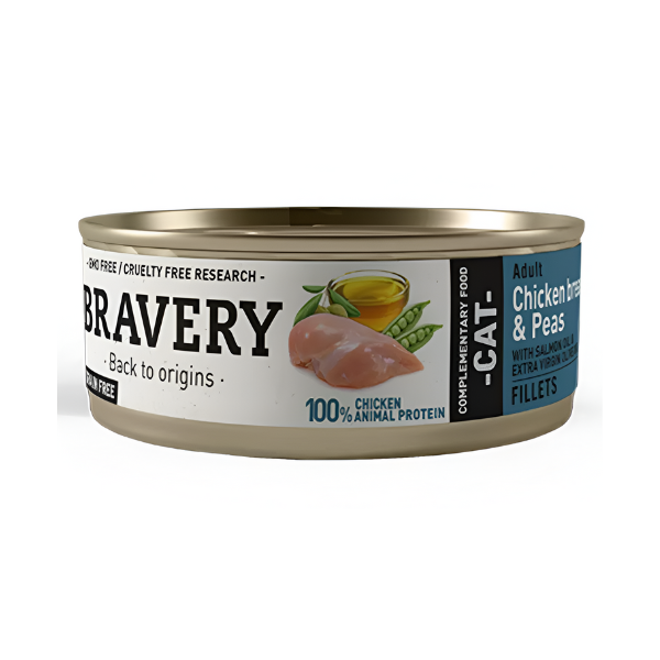 מעדן שימורים לחתול BRAVERY 70 גר' בטעם עוף ואפונה - קטופיה ישראל | מזון וציוד לחתולים Catopia
