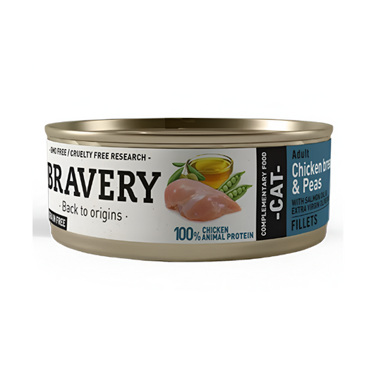 מעדן שימורים לחתול BRAVERY 70 גר' בטעם עוף ואפונה - קטופיה ישראל | מזון וציוד לחתולים Catopia