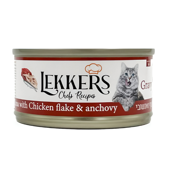 מעדן שימורים לחתול LEKKERS טונה אדומה עם פתיתי עוף ואנשובי - קטופיה ישראל | מזון וציוד לחתולים Catopia