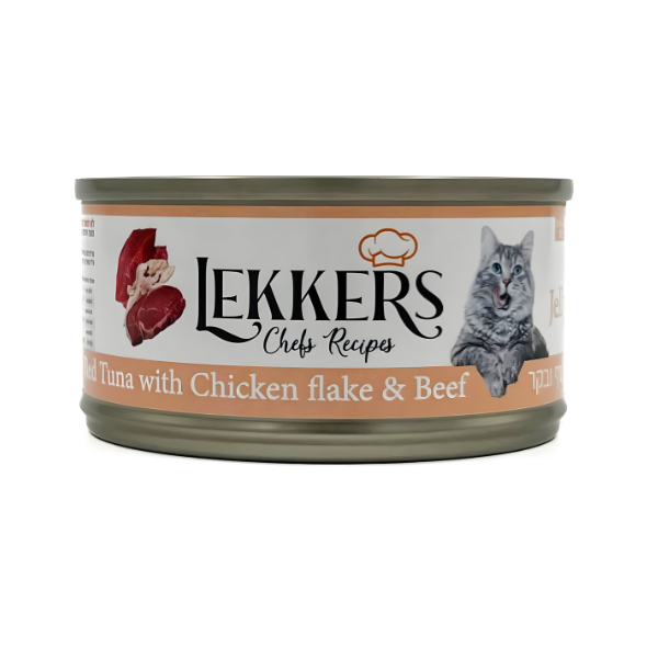 מעדן שימורים לחתול LEKKERS טונה אדומה, פתיתי עוף ובקר - קטופיה ישראל | מזון וציוד לחתולים Catopia