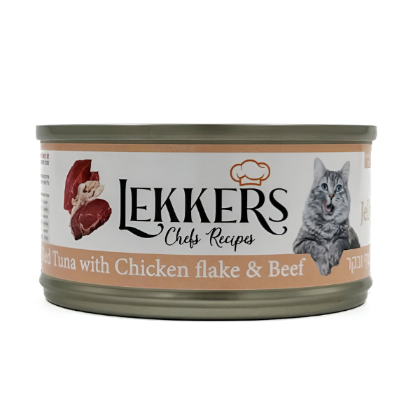מעדן שימורים לחתול LEKKERS טונה אדומה עם פתיתי עוף ובקר - קטופיה ישראל | מזון וציוד לחתולים Catopia