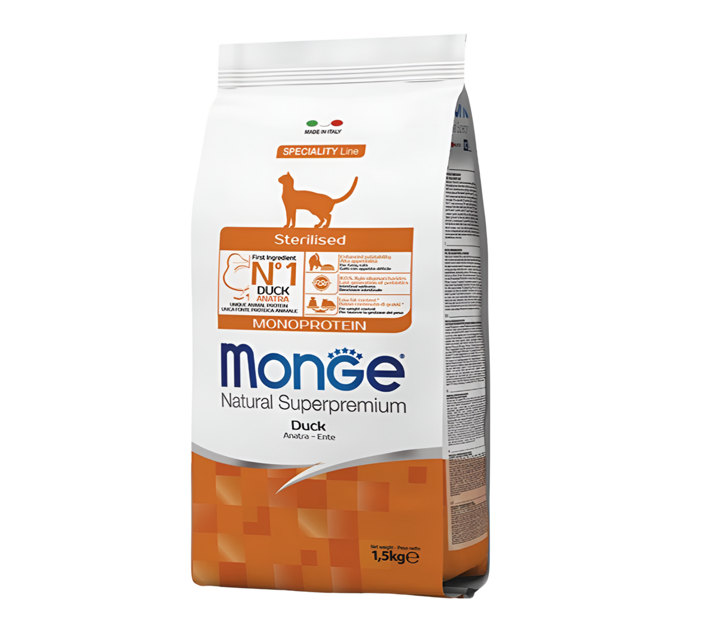 אוכל יבש לחתול ברווז סטרלייזד MONGE מונג' 1.5 ק"ג - קטופיה ישראל | מזון וציוד לחתולים Catopia